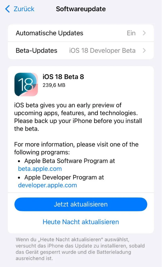 交城苹果手机维修分享苹果 iOS / iPadOS 18 开发者预览版 Beta 8 发布 